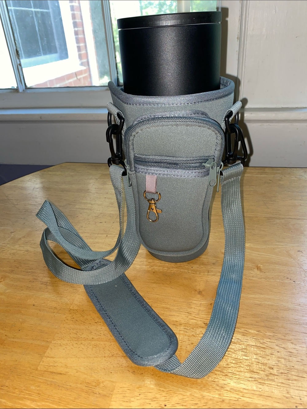 Grey Neoprene Water Bottle Sleeve Sling w/ Adjustable Shoulder Strap, Zipper